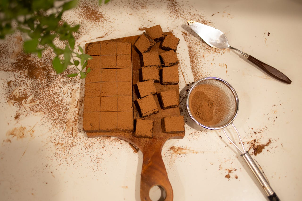 Top view of freshly cut chocolate brownies on a wooden board with baking utensils.